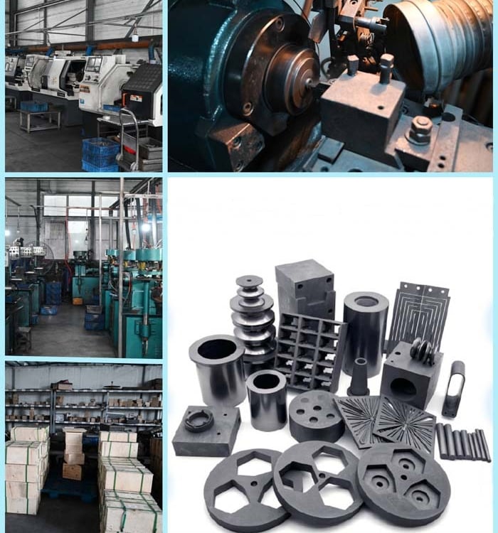 Precision machined graphite parts and components displayed next to CNC manufacturing equipment in an industrial factory.