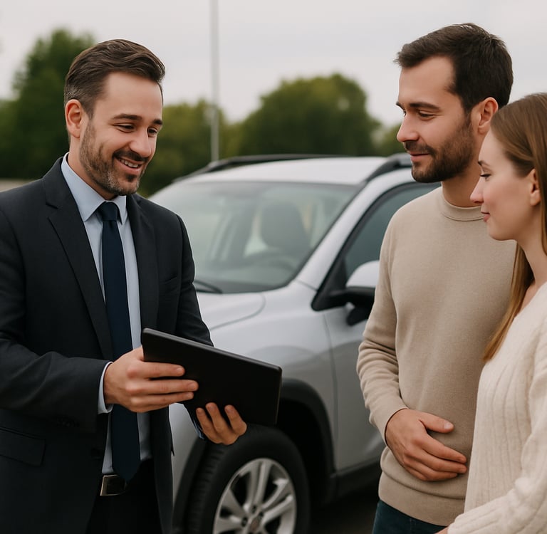 Doradca PDU omawia z klientami ofertę ubezpieczenia AC przy samochodzie