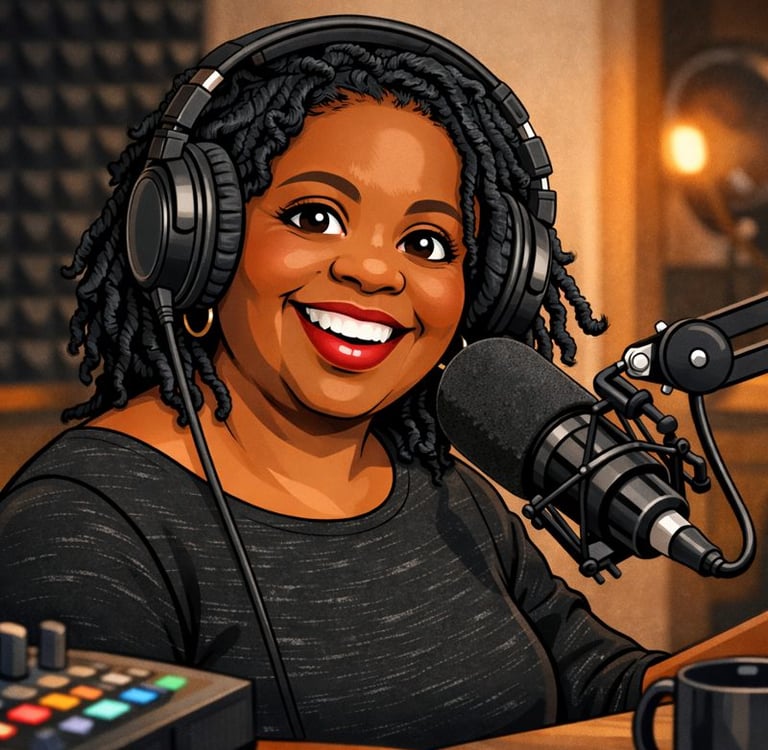 Cartoon image of podcast host Karyn Beach with a mic and a headset.