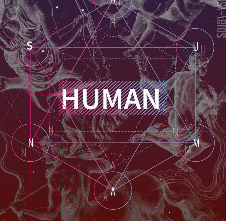 Abstract graphic design poster featuring classical human figures and geometric line art with the text HUMAN.