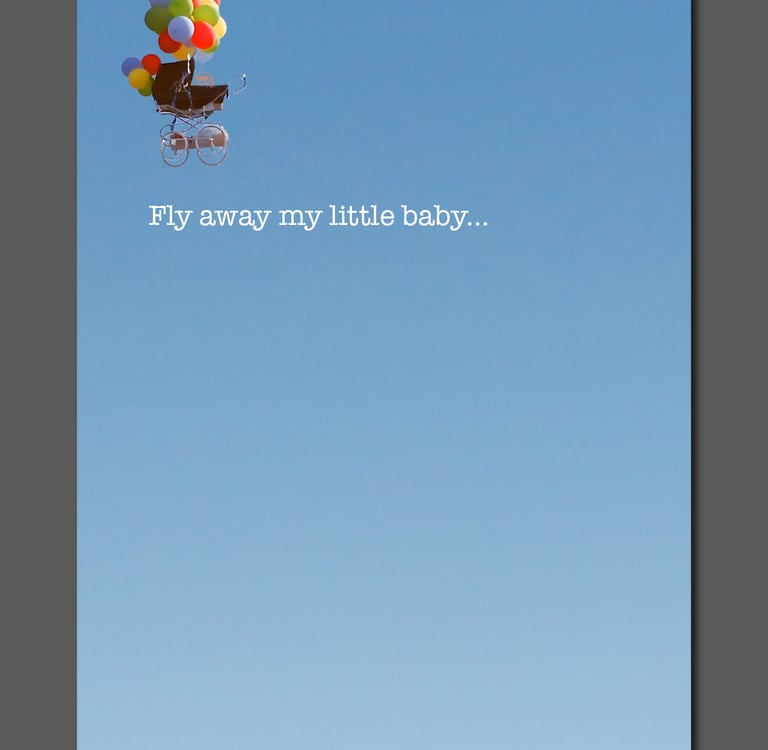 Surreal image of a vintage baby stroller floating in a blue sky with colorful balloons and text.