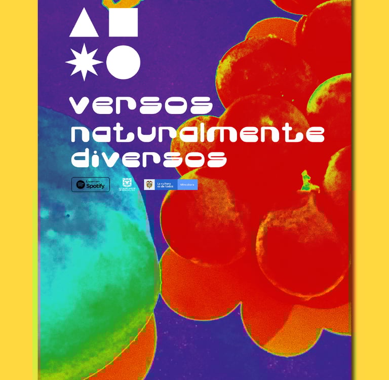 Artistic poster for Versos Naturalmente Diversos featuring colorful abstract fruit and geometric shapes.