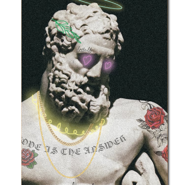 Greek statue bust art with modern tattoos, gold chains, and neon heart eyes in a vaporwave aesthetic style.