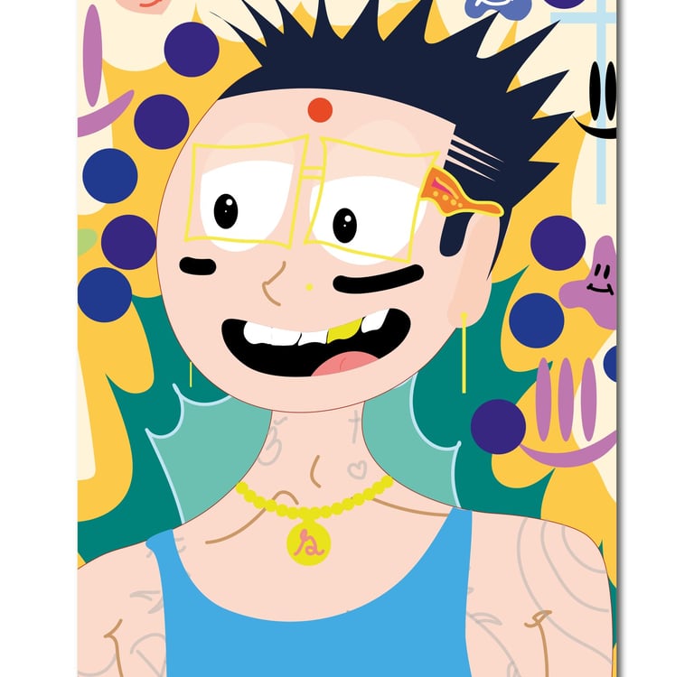 Vibrant pop art illustration of a tattooed character with spiky hair, yellow glasses, and a gold chain.