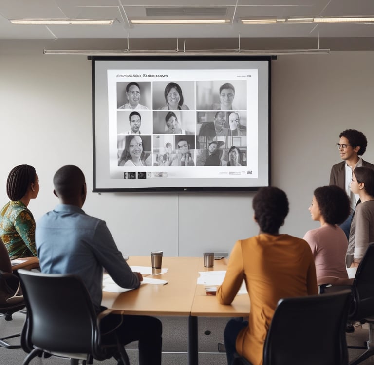 Bright office space with modern technology, a speaker, and a table of diverse audience members.