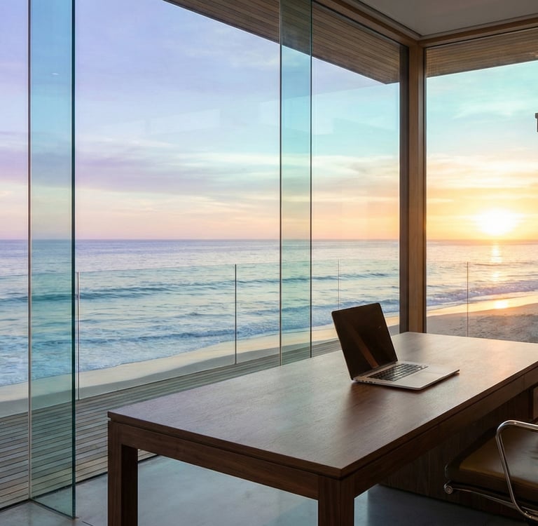 A photograph of an office desk with a laptop and empty chair overlooking a sunrise and ocean.