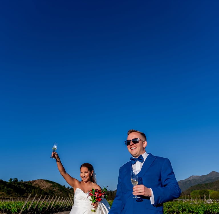 fotografía de novios brindando y celebrando