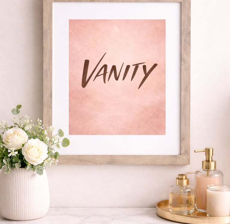 Framed pink Vanity wall art print on a marble table with white roses and gold perfume bottles.