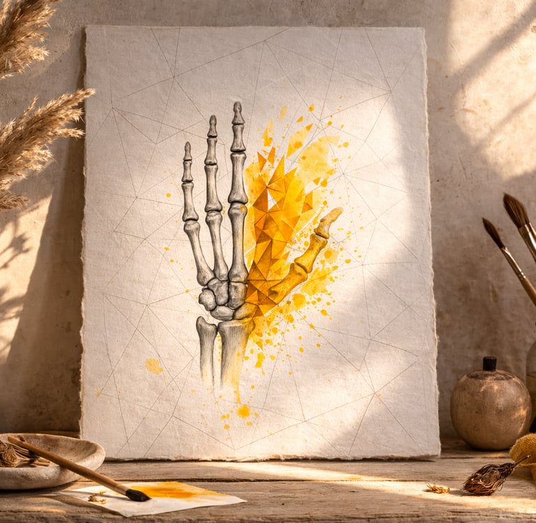 Artistic watercolor painting of a skeletal hand with yellow geometric patterns on an artist's easel.