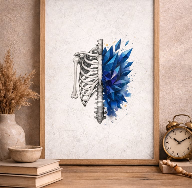 Framed wall art of a human rib cage and blue geometric crystals on a wooden table with decor.