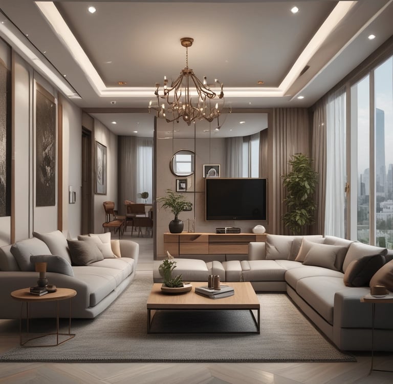 A modern furniture showroom with several sofas and beds displayed. The interior is illuminated with ceiling lights and features white brick columns. A person is seen sitting on a chair in the background.