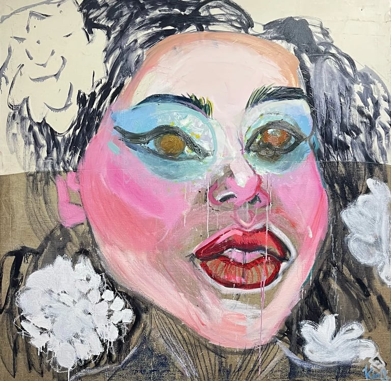 a painting of a woman with a pink and blue face