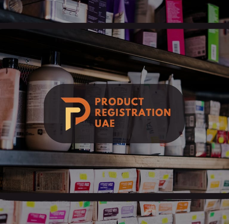 Shelves stocked with labeled consumer products in a UAE store, representing compliance and registration.
