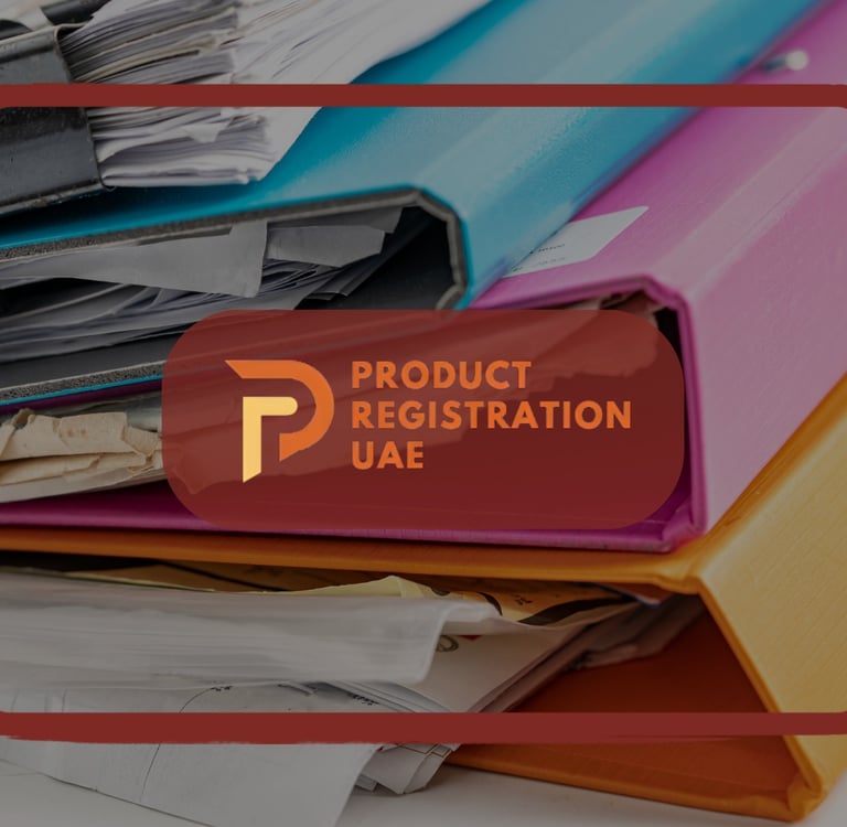 Colorful stacked folders filled with paperwork, symbolizing a UAE product dossier for product registration.