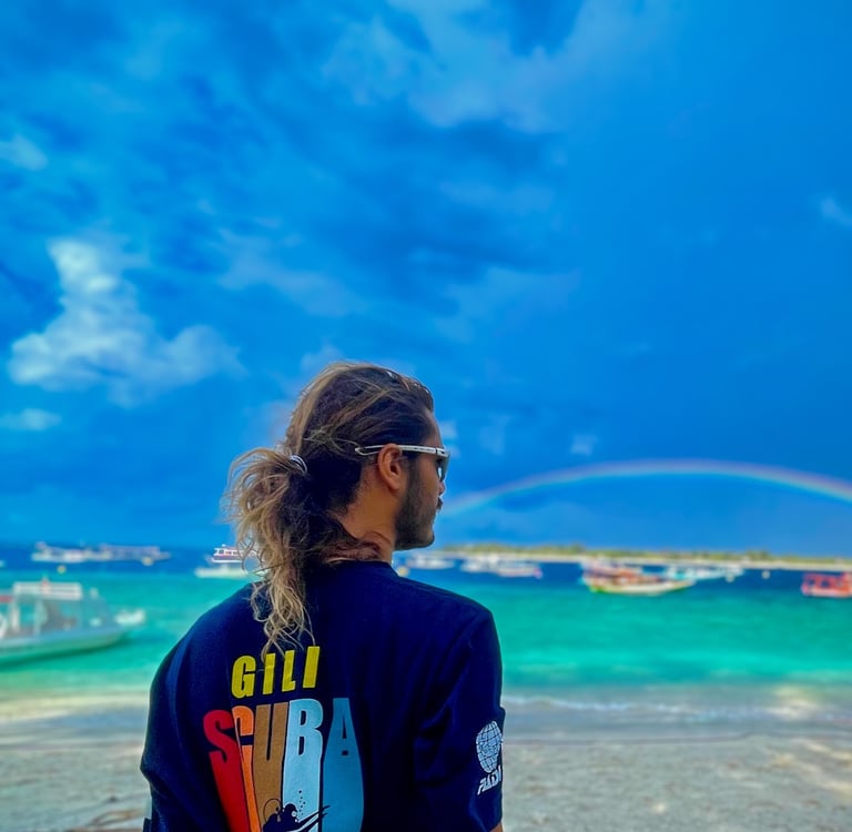 Embrace the Gili Trawangan beach vibes: a person enjoying the stunning turquoise waters and island paradise.
