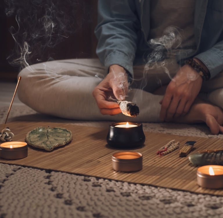 Spiritual cleansing and protection ritual performed in a calm candlelit environment