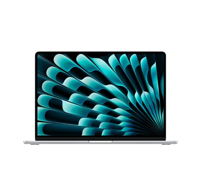 Silver Apple MacBook Air laptop with liquid retina display showing teal abstract wallpaper.