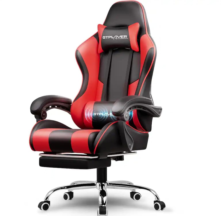 GTPLAYER ergonomic red and black gaming chair with lumbar support and footrest.