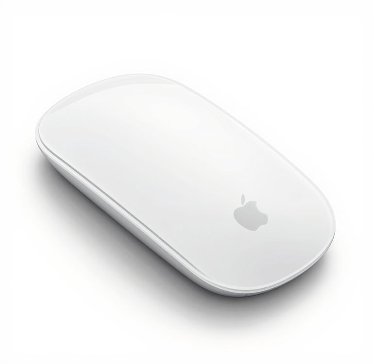 Sleek white Apple Magic Mouse with a minimalist design on a plain white background.