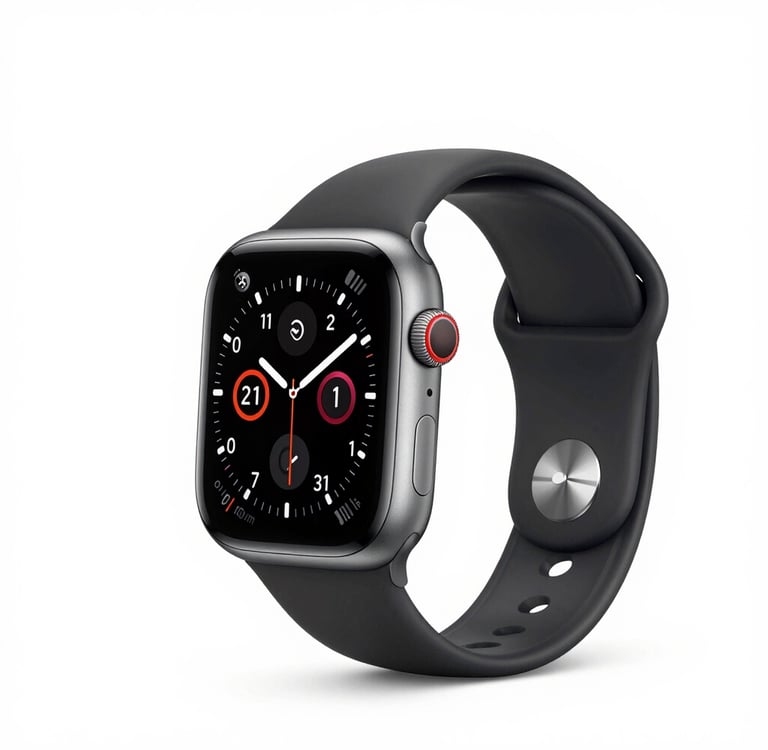 Space gray Apple Watch Series 4 with a black sport band and analog watch face on a white background.