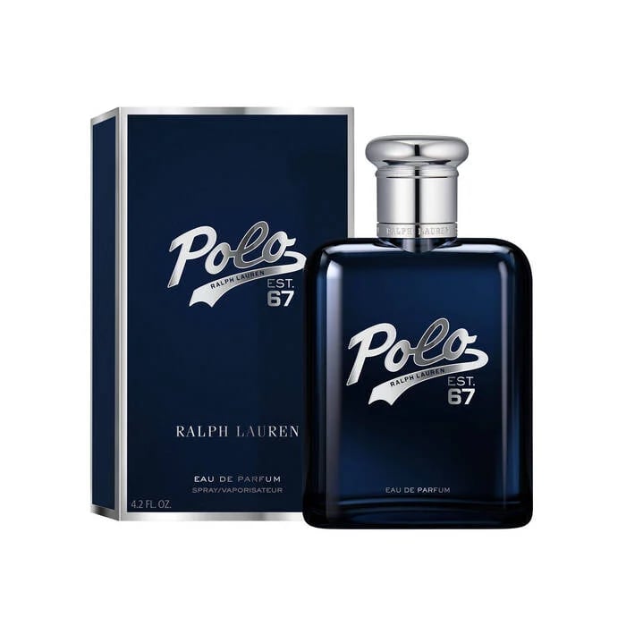 Ralph Lauren Polo 67 Eau de Parfum spray bottle and navy blue box for men.