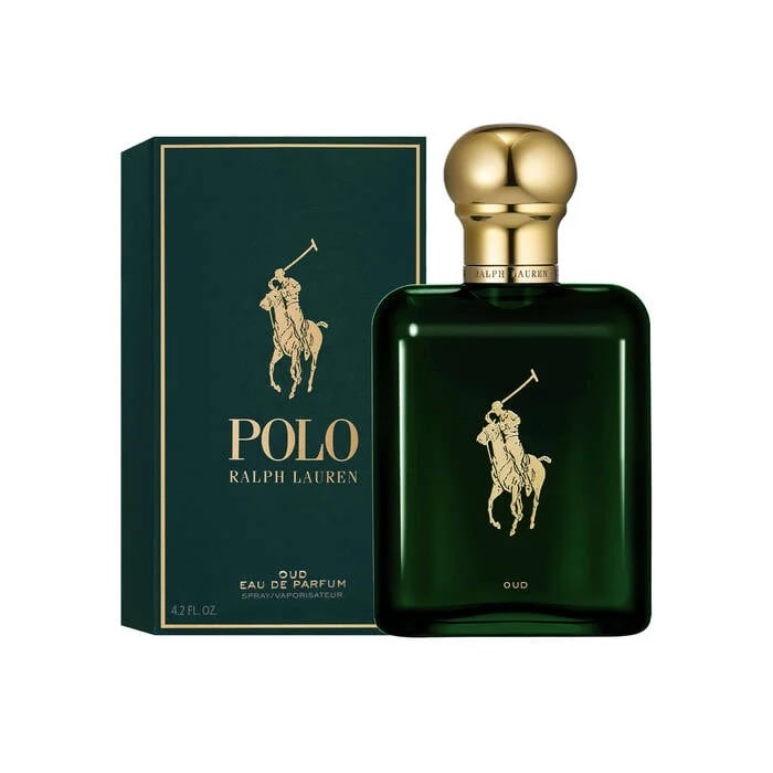 Ralph Lauren Polo Oud Eau de Parfum bottle and green box with gold logo.