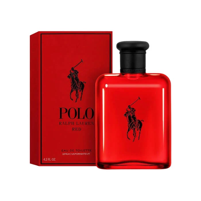 Ralph Lauren Polo Red Eau de Toilette cologne spray bottle and matching red box.