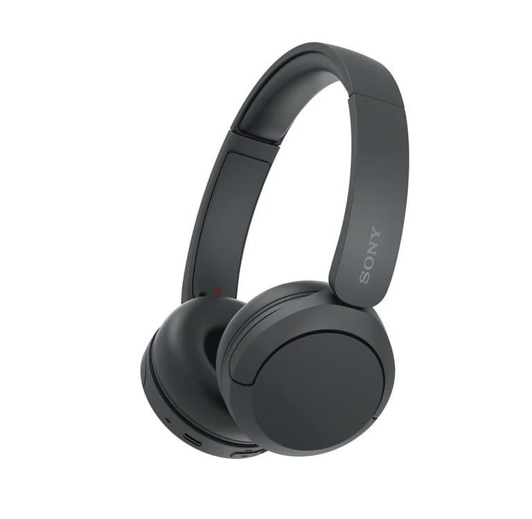 Black Sony wireless over-ear headphones with a matte finish on a white background.