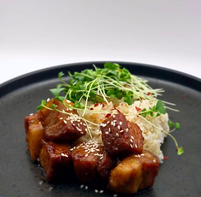 a plate of food with meat and rice