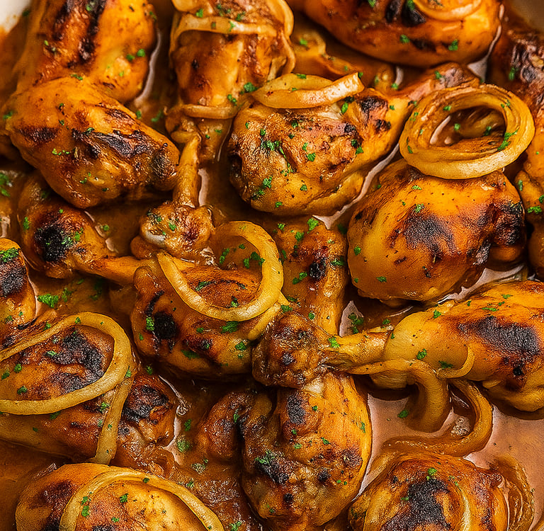 un bol du poulet en sauce juteux avec de l'oigon