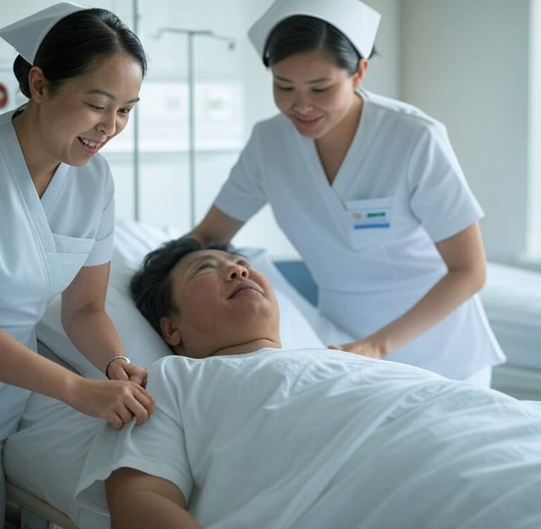 Dua perawat membantu pasien
