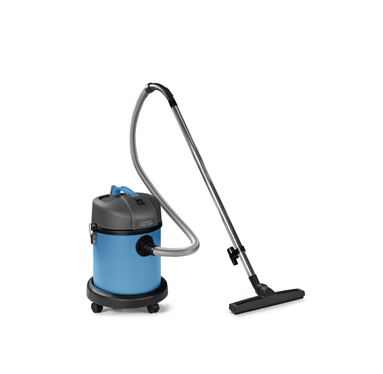 Aspirateur eau et poussière cuve plastique 4 roues pivotantes tube aspiration chromé pognée robuste 