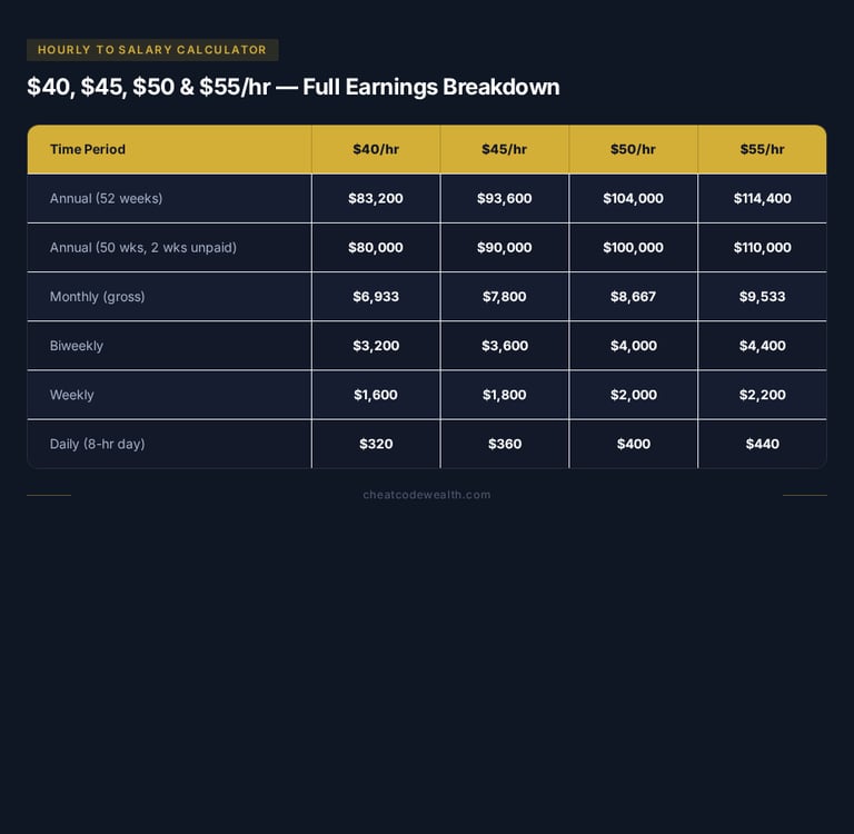 Hourly to salary calculator chart showing pay breakdowns for 40, 45, 50, and 55 dollars per hour.