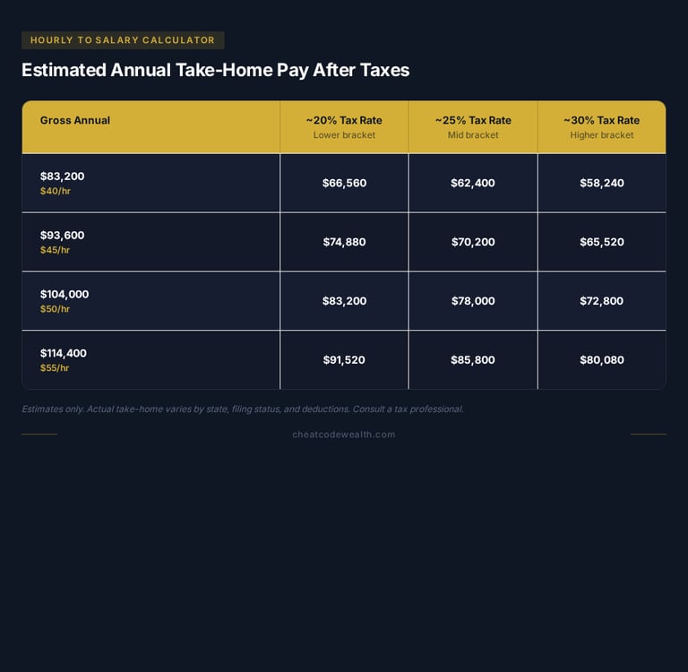 Hourly to salary calculator chart showing estimated annual take-home pay after taxes for different wage brackets.