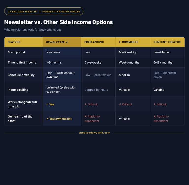 Comparison chart showing newsletters vs freelancing, e-commerce, and content creation for side income.