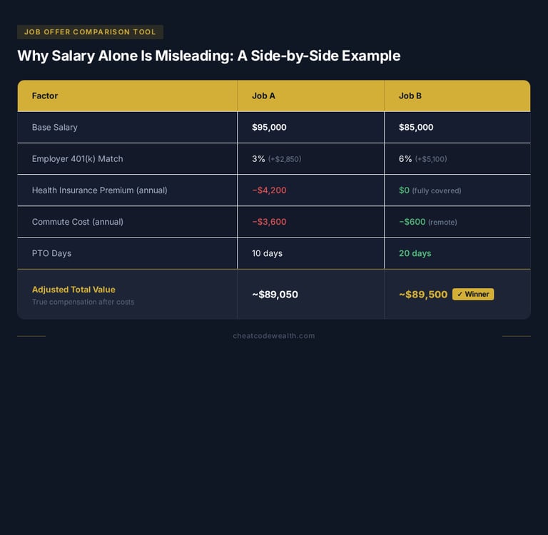 A job offer comparison table showing total compensation including salary, 401k match, and benefits.