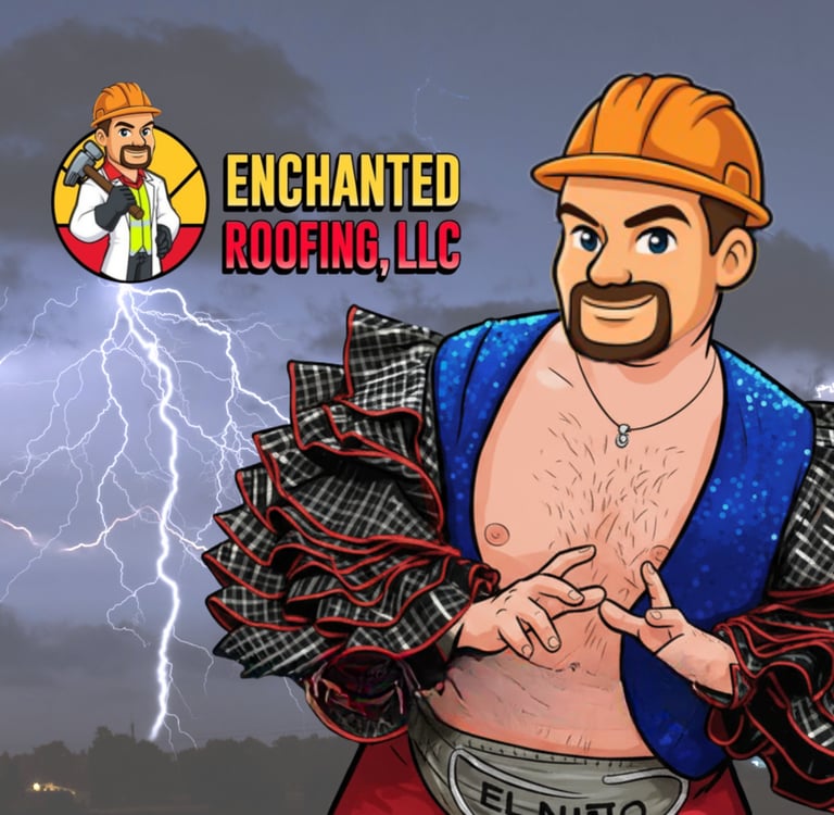 Enchanted Roofing LLC logo with a cartoon roofer over a lightning storm background.