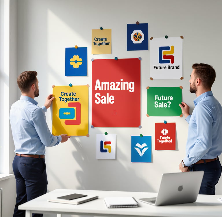 two men standing in front of a wall with a large poster board