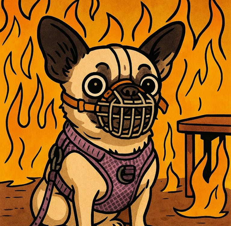 Lustiges Comic Bild von Mels Hund der einen Maulkorb trägt
