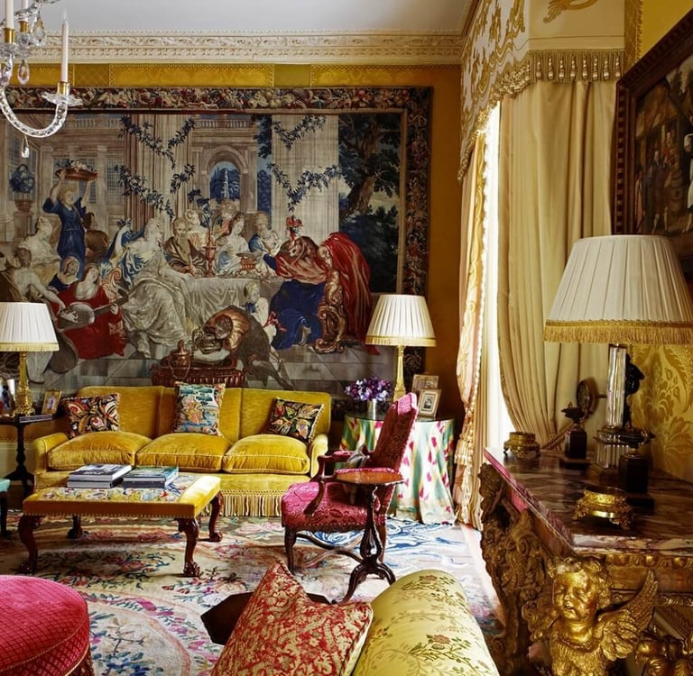 a living room with a couch and a chandelier Nour Nagy Designs London interior Design