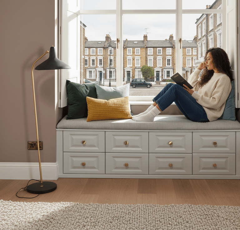 a woman sitting on a window sill with a book and a cup of coffee  Nour Nagy Designs London interior 