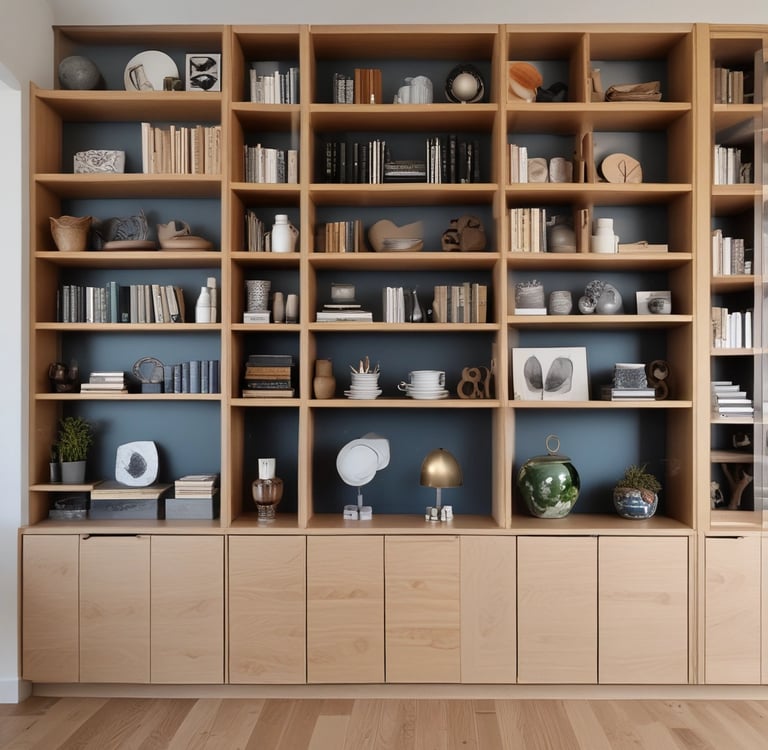 a room with a wooden bookcase and a clock Nour Nagy Designs London interior Design