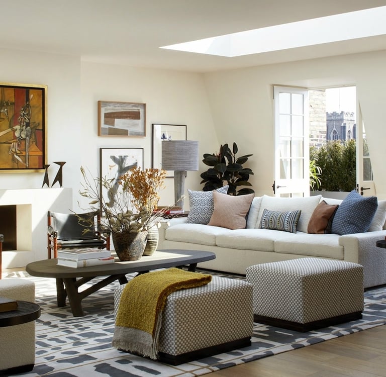 a living room with a couch and a table Nour Nagy Designs London interior Design