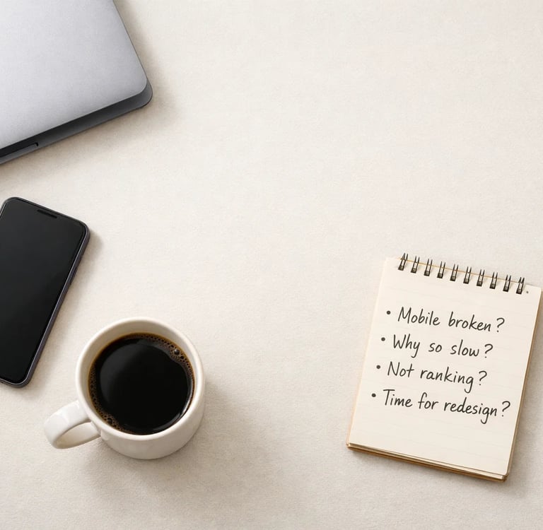 Notebook with checklist asking if a website is slow, not ranking, or needs redesign.