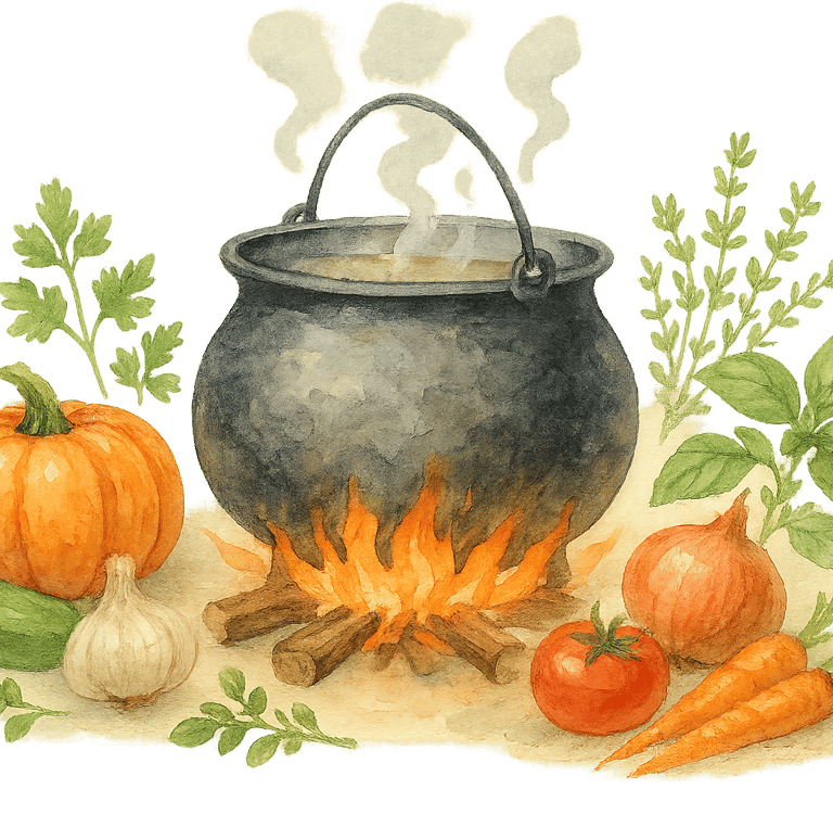 a bubbling cauldron with vegetables spellboundandstunning.com kitchen witchcraft
