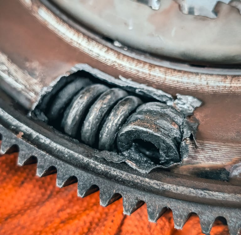 Close-up of a damaged dual mass flywheel with a broken internal damper spring and cracked metal housing.