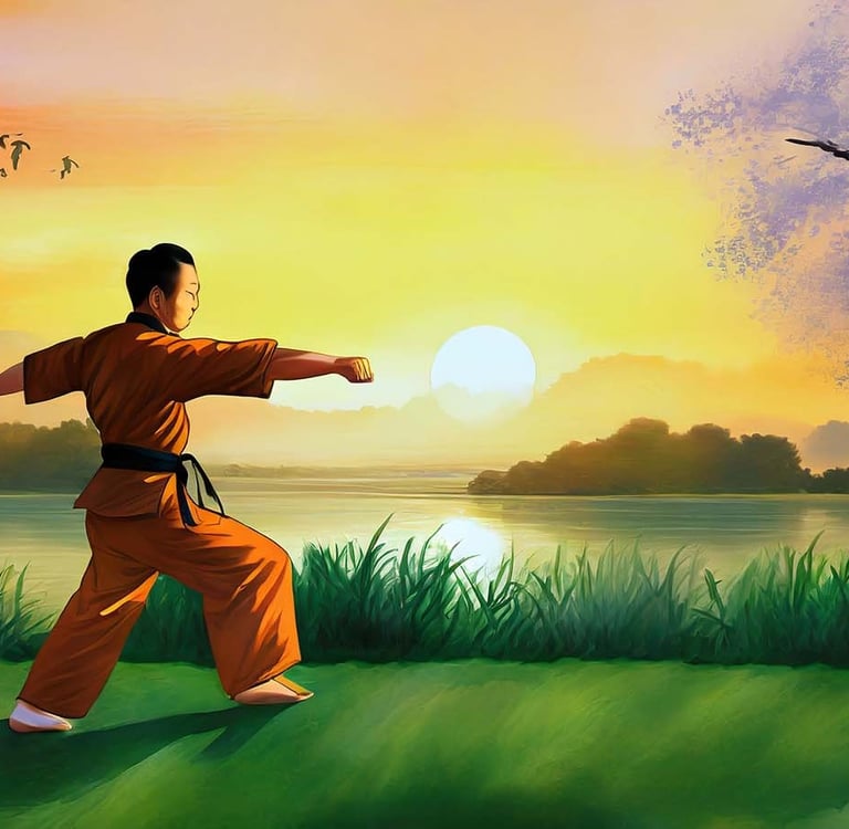 ilustración de practicante de artes marciales en el campo junto a un lago
