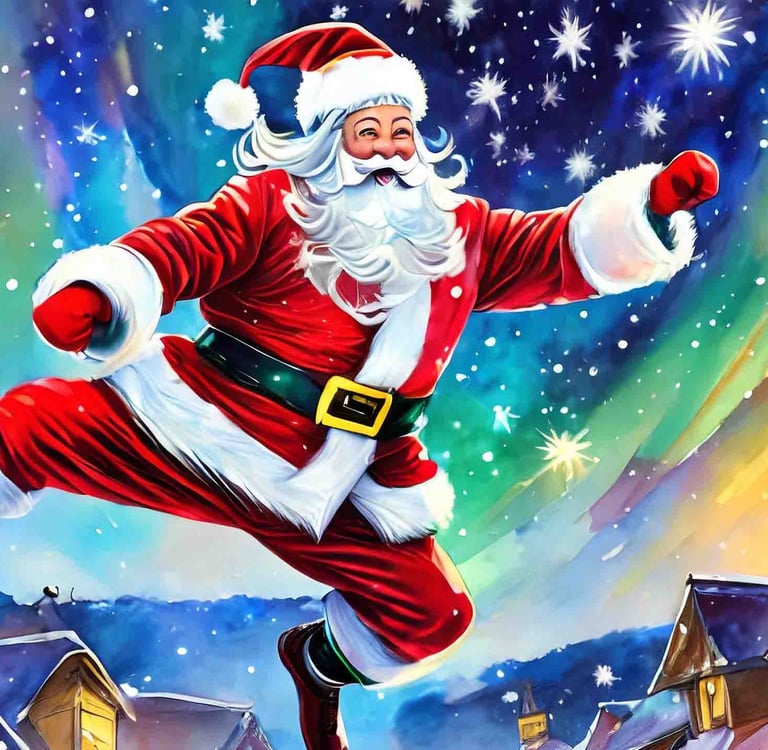 illustration of Santa Claus jumping agilely and happily across the rooftops