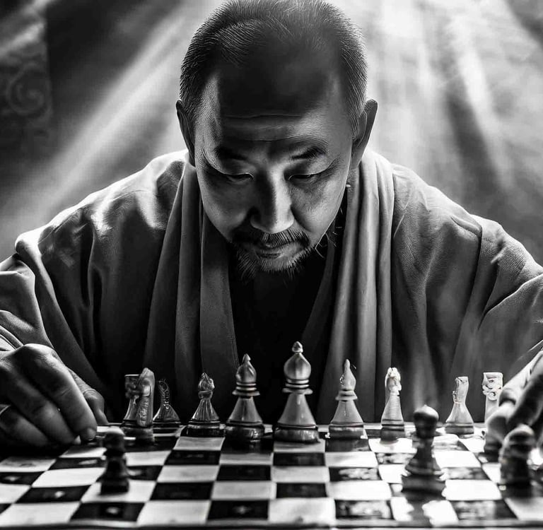 man plays chess very concentrated