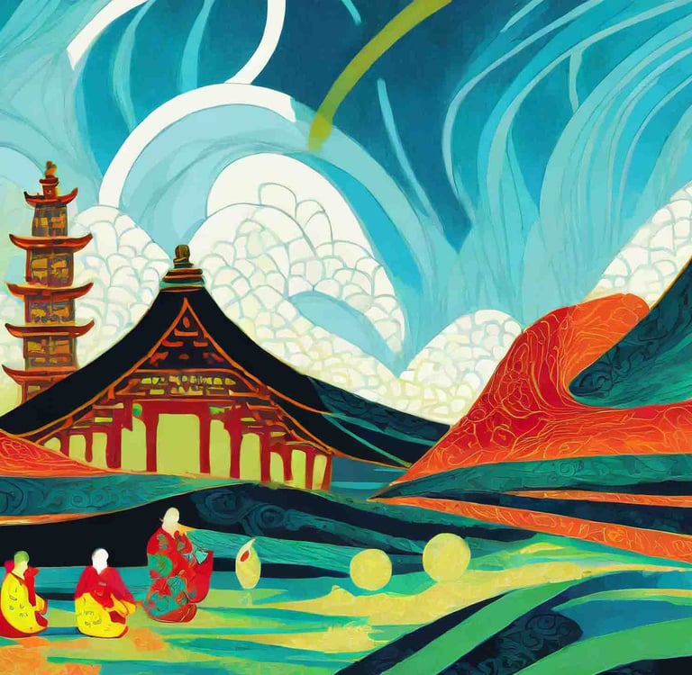 paisaje chino colorido y vibrante